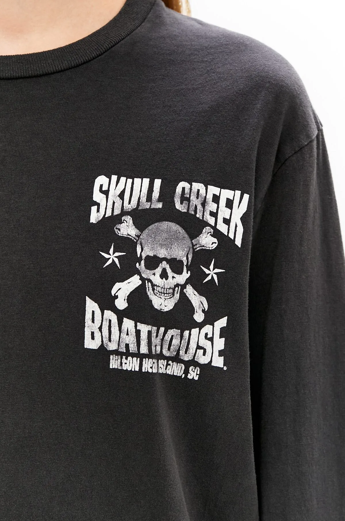 GALLERY DEPT. SKULL CREEK L/S TEE/BLK Glitter skull surf long sleeves, washed black S-XL, genuine development, correct version, garment dyed, washed and distressed, printing has a full sense of distress